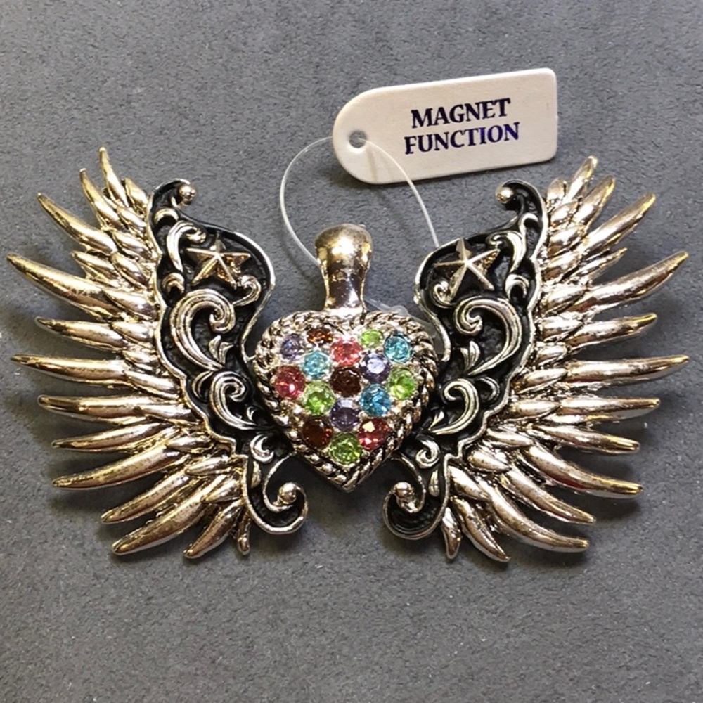 Silver tone Angel Wings with colorful rhinestones
